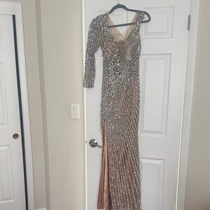 One-Shoulder Sequined Evening Gown in Rose Gold and Silver